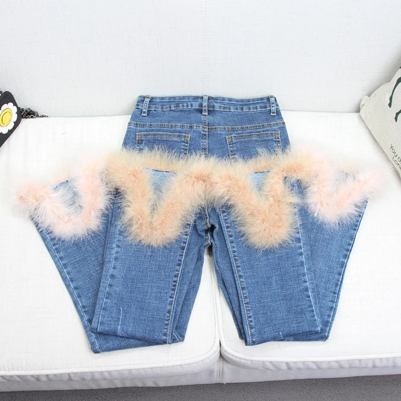 

quality jeans woman 2018 fashion skinny pants flare hairy edge fur jeans blue black High Waist jeans femme stretch pants S-XL