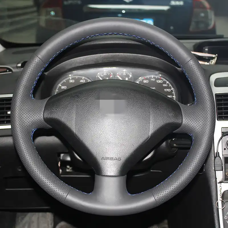 BANNIS Black Leather DIY Hand-stitched Steering Wheel Cover for Peugeot 307 Car BANNIS Black Leather DIY Hand-stitched Steering Wheel Cover for Peugeot 307 Car