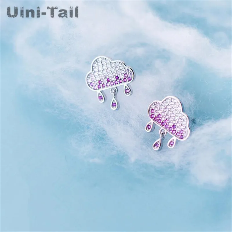 

Uini-Tail hot new 925 sterling silver personality pink cloud raindrop micro-set earrings temperament fashion moving raindrop