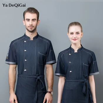 

Ya DeQiGai cowboy breasted Short Sleeve chef Chef Restaurant uniforms Breathable catering Jacket Apron wholesale hotel uniform
