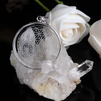 

Dropshipping 35mm Pure Natural Quartz Crystal Flower of Life Carved Healing Sekhem Necklace&pendant