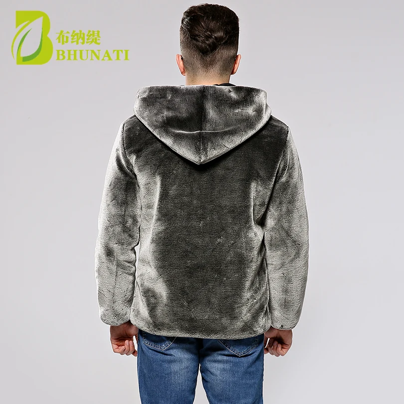 Faux Fur Coat Men Silver Color Winter Warm Soft Comfortable Mink Fur Hooded Jacket 2018 Male Outwear Zipper Coats