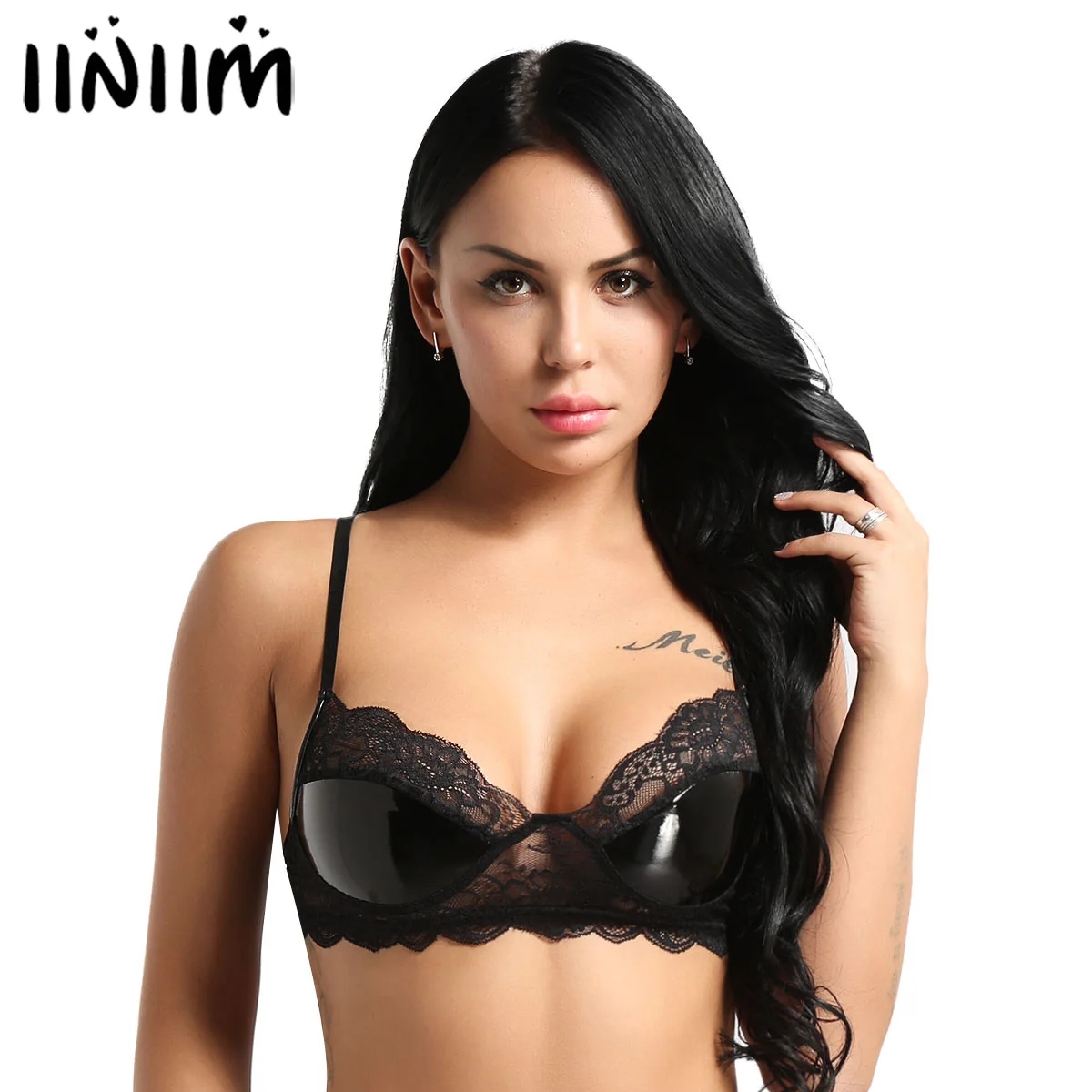 

Womens Black Soft Adjustable Spaghetti Straps Lingerie Lace Faux Leather Wire-free Valentines Bra for Nightclub Party Sexy Tops
