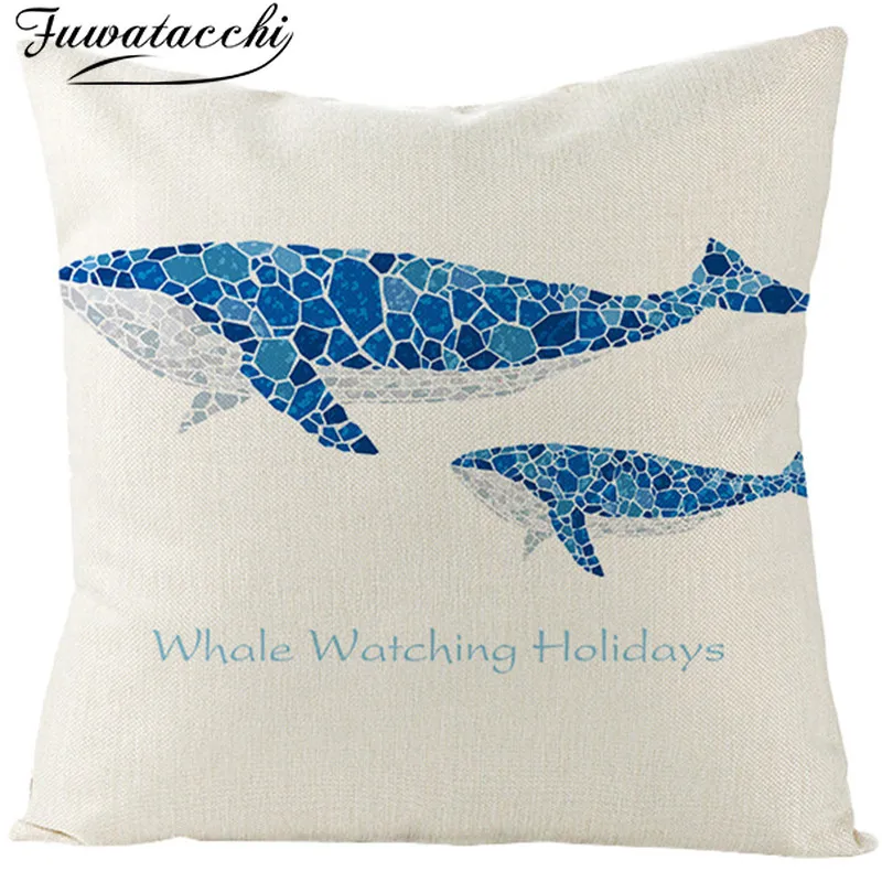 

Fuwatacchi Sea Creatures Linen Cushion Cover Penguins Whale Tuna Marlin Throw Pillow Cover White and Blue Pillowcases Square