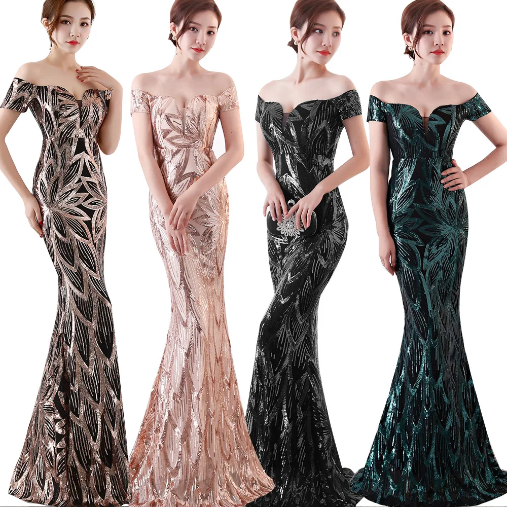 

Celebrity Long Evening Dress Women Sexy Sequined slash neck Party Dress Wedding Mermaid Maxi Gown Elegant Dress Vestidos Robe