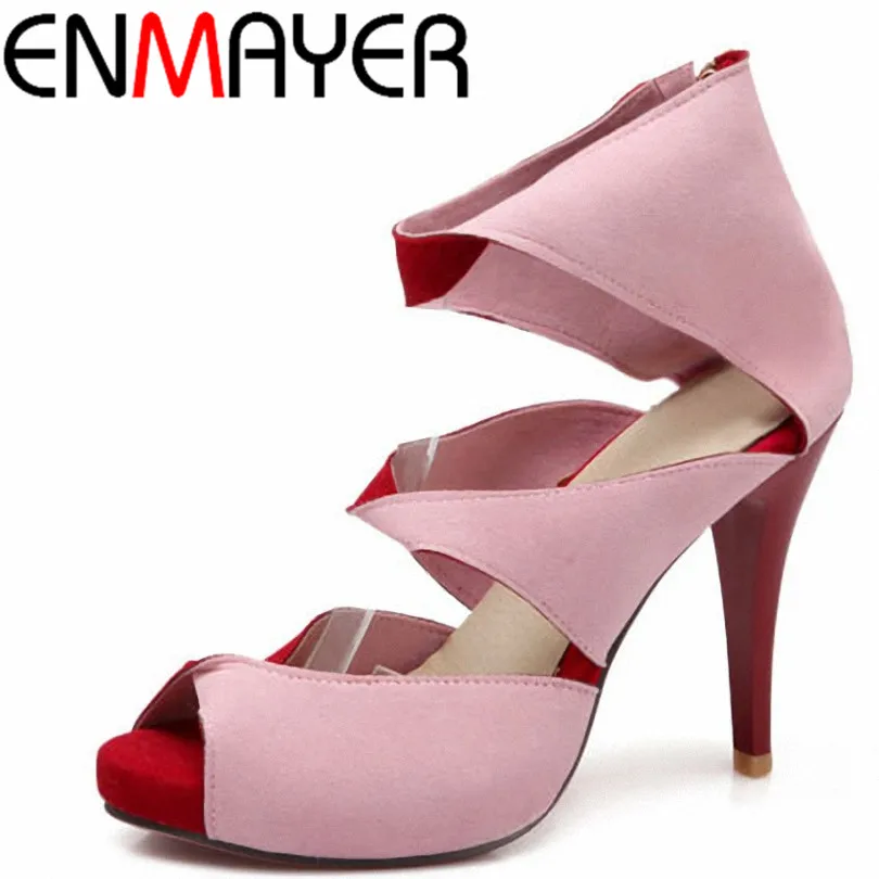 

ENMAYER Ankle-Wrap New Flock Summer Women Sandals Shoes High Heel Platform Sandals Sexy Party Shoes Size 34-43  Flock Shoes