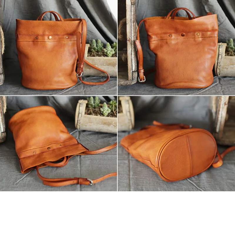 AETOO New retro personality Sen literary handbags handmade leather portable soft leather bucket bag shoulder Messenger bag