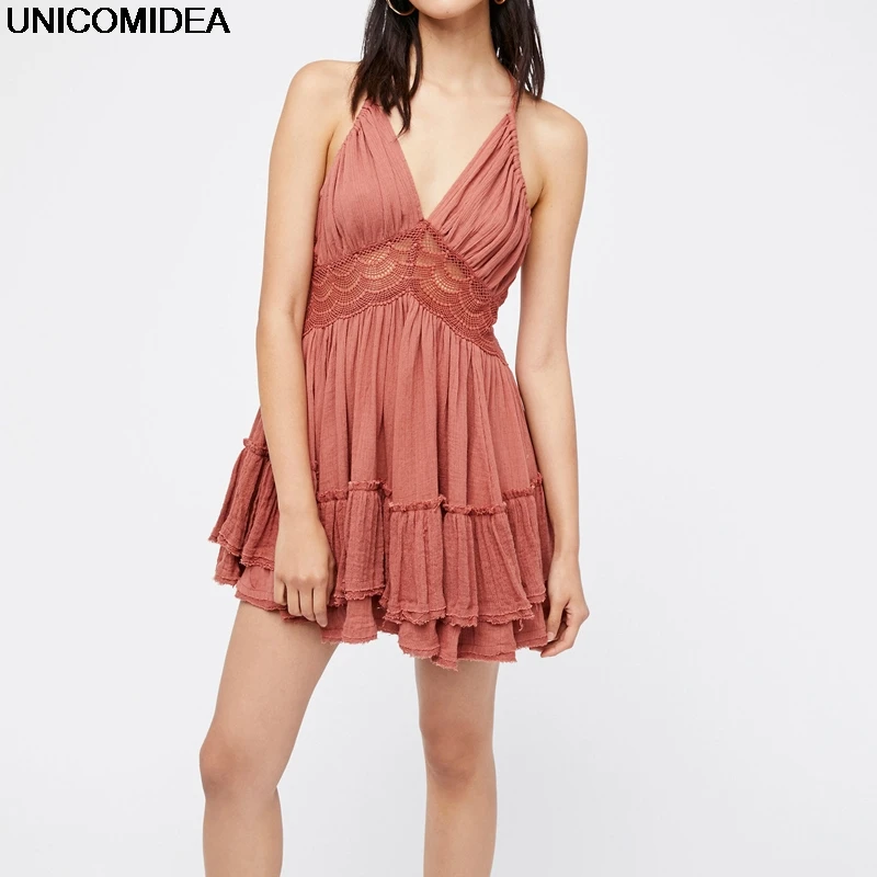 

V Neck Backless Summer Beach Dress Robe Vintage Sundress Holiday Boho Bohemian Dress Bandage Halter Pleated Mini Party Dresses