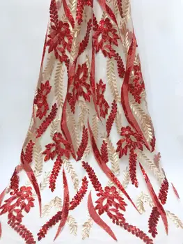 

2019 Latest French Nigerian Laces Fabrics High Quality African Laces Fabric Wedding Glued Red Gold Line sequins Tulle Lace