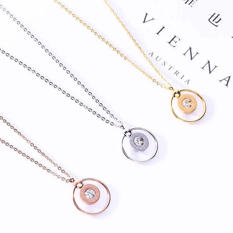 

Trendy Round CZ Necklace Pendant with Chains Roman Letter Choker Necklaces Stainless Steel Jewelry Charm