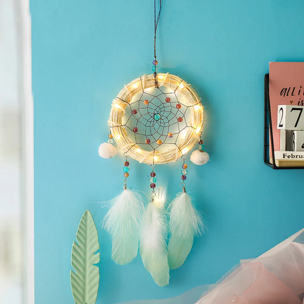 Ночной светильник ручной работы в стиле Ловец снов с перьями, настенные колокольчики и подвесные украшения для комнаты, домашний декор, разноцветный Ловец снов - Цвет: Multicolor