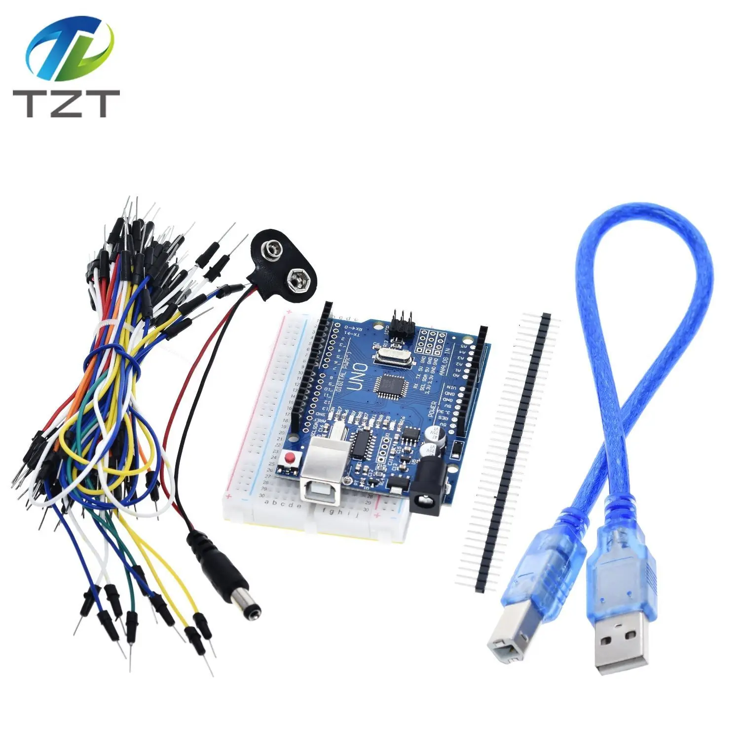 TZT стартовый комплект для arduino Uno R3-комплект из 5 предметов: Uno R3, макетная плата, перемычки, usb-кабель и разъем для аккумулятора 9 в
