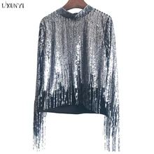 LXUNYI Весна блестками футболки для женщин модные свободные O средства ухода за кожей Шеи с длинным рукавом пикантные блесток Топы коррективечерние рующи