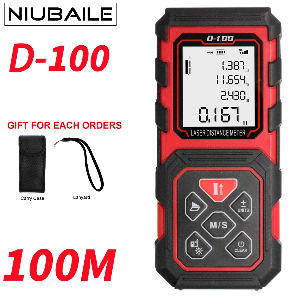 

NIUBAILE 100M Laser Rangefinder Roulette Trena Laser Distance Meter Digital Laser Tape Area-volume-Angle Rule Tool D100-ZM-R