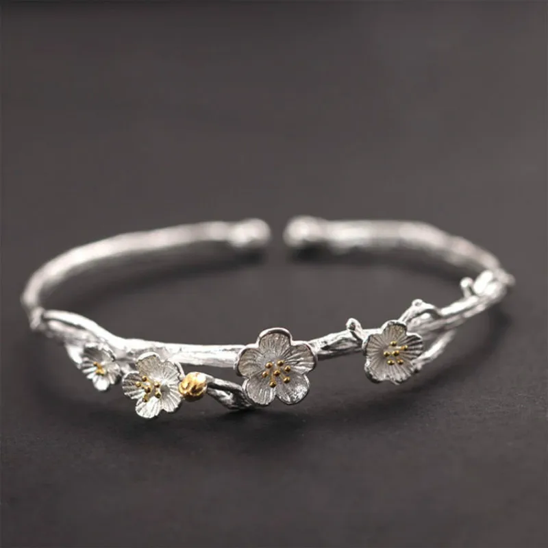 Handmade Vintage 925 Sterling Silver Jewelry Original Design Plum Flower Carving Cuff Bracelets& Bangles for Women цена Handmade Vintage 925 Sterling Silver Jewelry Original Design Plum Flower Carving Cuff Bracelets& Bangles for Women цены онлайн
