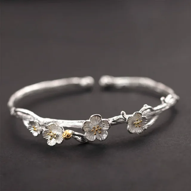 Handmade Vintage 925 Sterling Silver Jewelry Original Design Plum Handmade Vintage 925 Sterling Silver Jewelry Original Design Plum Flower Carving Cuff Bracelets Bangles For Women