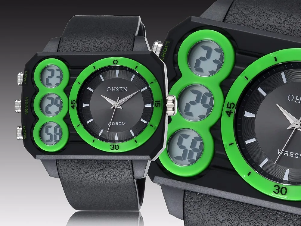Лучшие продажи Ohsen Цифровые кварцевые мужские модные наручные часы подарок зеленый резиновый ремешок ЖК-дисплей Спорт на открытом воздухе армейские мужские наручные часы montre homme
