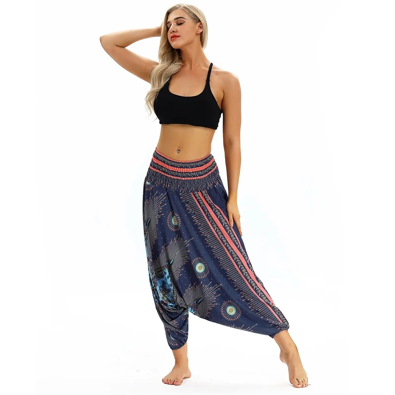 capri dress W-Yunna Ladies Women Beach Pants Trousers Boho Gypsy Hippie Women Wide Leg Harem Peacock Feather Print Elastic Pants Trousers plus size clothing Pants & Capris