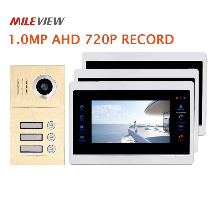 

Free Shipping 3 Apartment 720P AHD 7" Video Intercom Door Phone Motion Detection System 3 Record Monitors Waterproof Door Camera