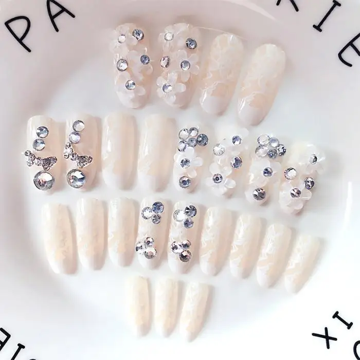 Unhas de Noiva Beleza do Casamento Dicas de Unhas com Cola Feminino Brilhando Strass Falso Unha Novo Design Capa Completa Acrílico 24 Pçs 3d 4 Unhas postiças