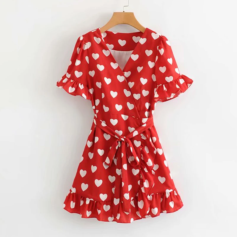 Women's Clothing Dress 2019 Love Print V-Neck Waist Flare Sleeve Dress Ms Summer Street Sexy Slim Fit Trend Fashion Clothing