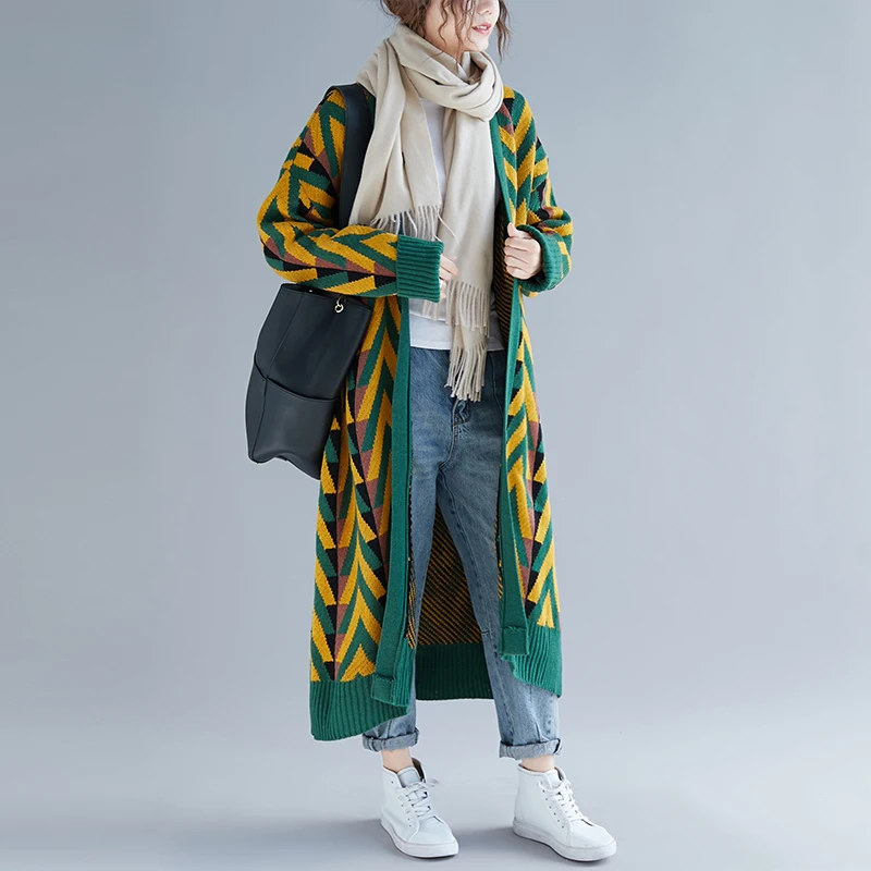 Большой размер 4XL, Осень-зима, Женская Модная элегантная верхняя одежда с геометрическим рисунком, топы, женский большой длинный свитер, кардиган, куртка, пальто