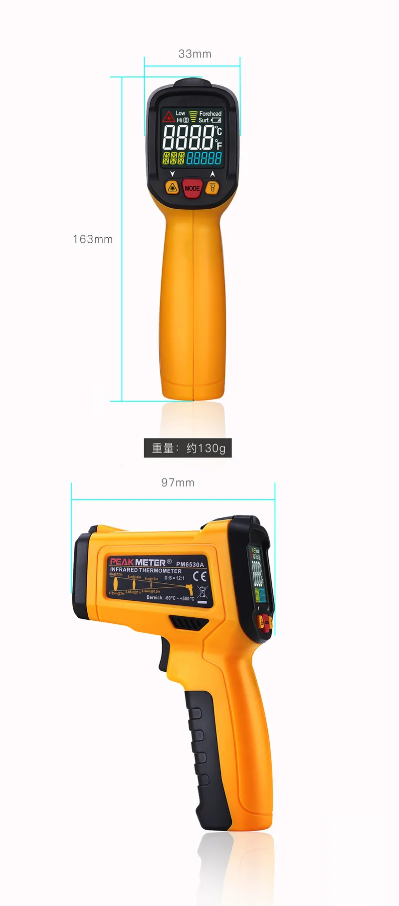 PEAKMETER PM6530A/PM6530B/PM6530C Ручной лазерный инфракрасный термометр Бесконтактный цифровой К-тип зонд Температурный пистолет 12004007