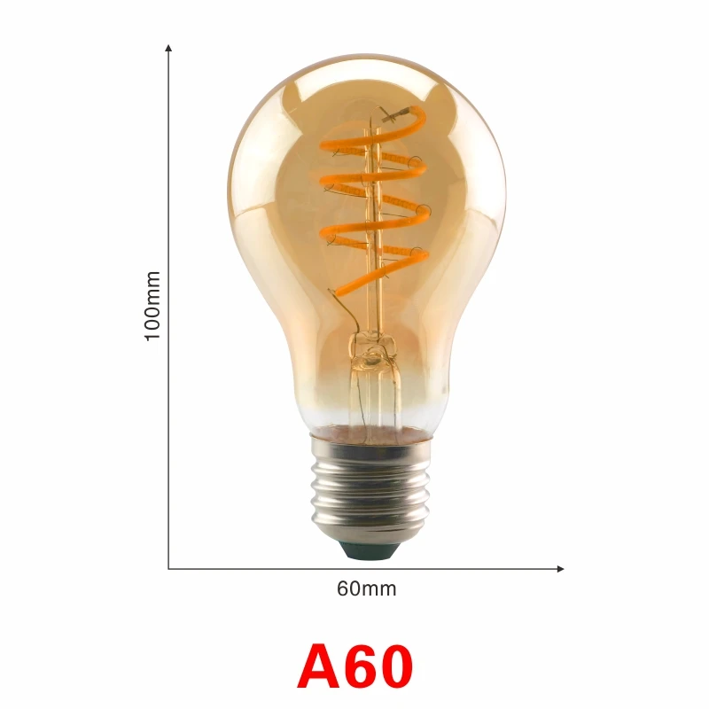 LATTUSO 220V Ретро Винтаж светодиодный спираль лампа накаливания светильник лампочка 2200K 4W 40W светодиоидная лампа с регулируемой яркостью Эдисон лампы C35 T45 A19 A60 ST64 G80 G95 G125 - Цвет: A60 E27 4W