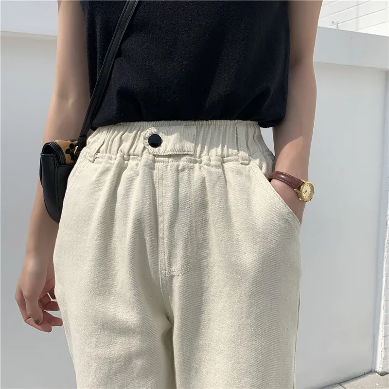 Plus Size Mom Jeans Elastic High Waist Harem Pants Vintage Casual Streetwear Solid Button Pocket Korean Harajuku Ladies Jeans