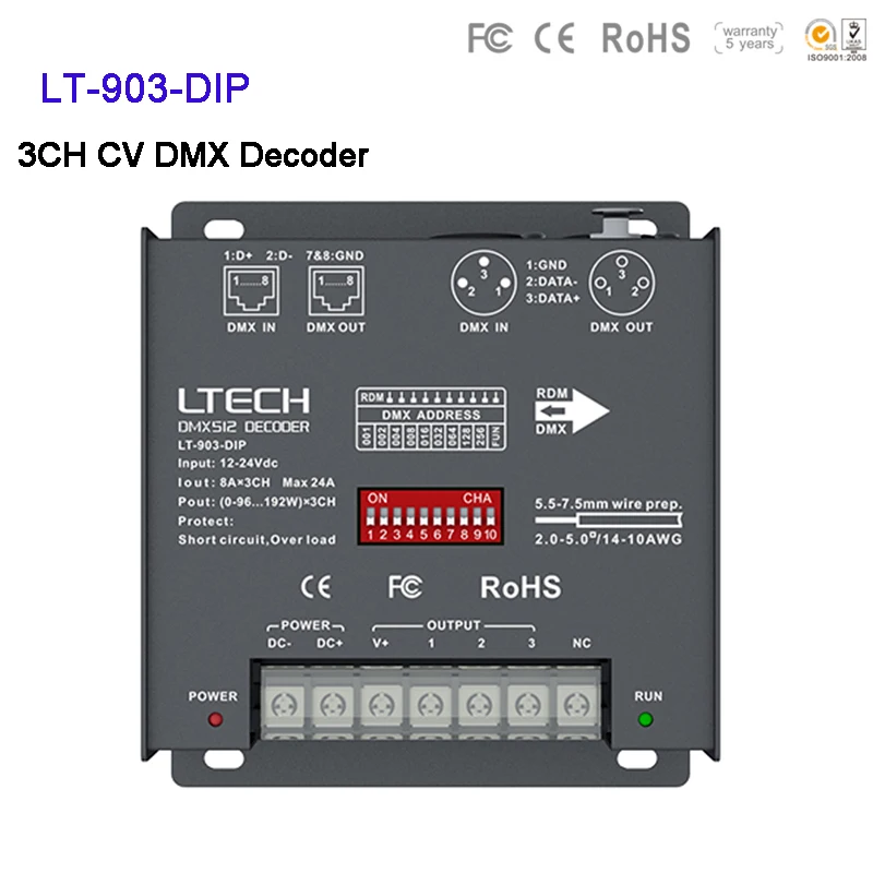 

LTECH LT-903-DIP 3 Channel LED DMX decoder DC12V~24V input;8A*3CH Max.24A 576W output XLR-3/RJ45 3CH CV DMX Decoder controller
