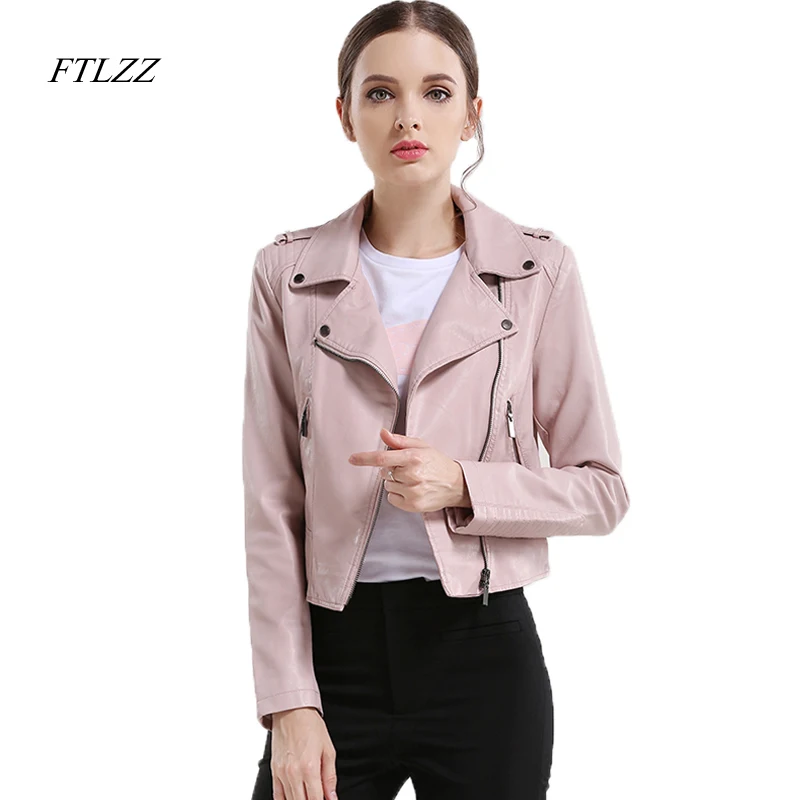 

Ftlzz New Autumn Women Leather Jacket Faux Soft Leather Pink Coats Short Design Slim Pu Leather Motorcycle Jacket Outwear
