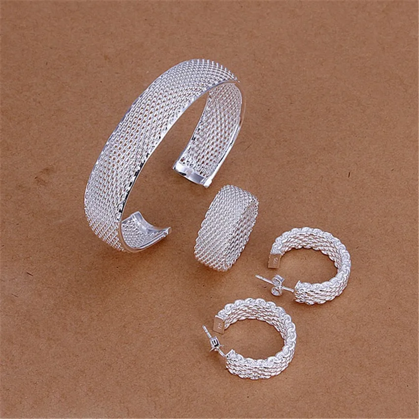 

New silver color Jewelry Set European style exquisite packet net circular openings bracelet ring Stud Earrings S249