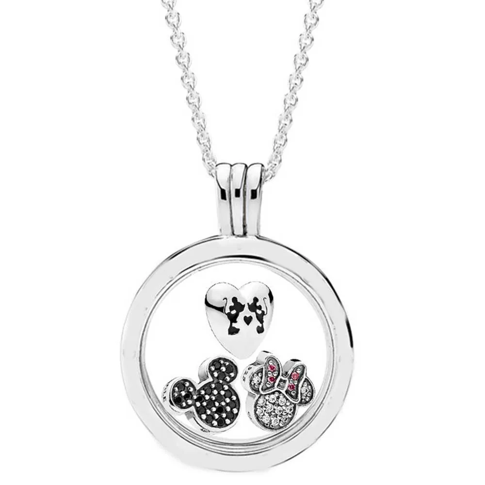 

100% Real 925 Sterling Silver Necklace Diseny Sparkling Mickey Floating Locket Set Necklace For Fashion Women Jewelry Gift