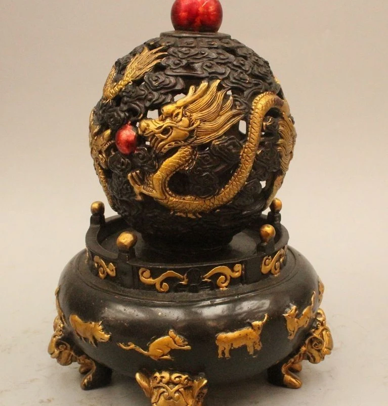 

10" Chinese Folk Bronze Gild Nine Dragon Play Bead Statue Feng Shui Round Globe