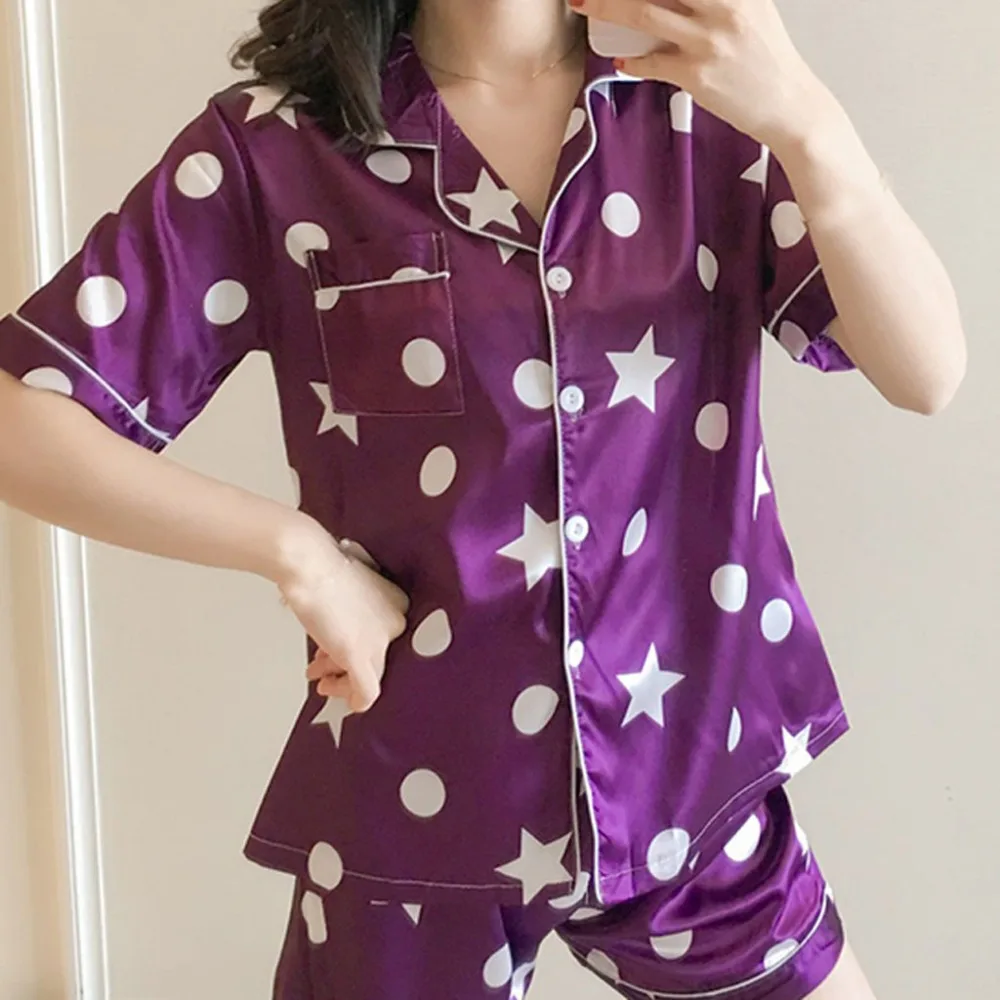 Летние пижамы Для женщин короткий рукав шелковые пижамы комплект из 2 предметов дамы печати Пижама, пикантная сорочка Пижама pizama damska modis BB4