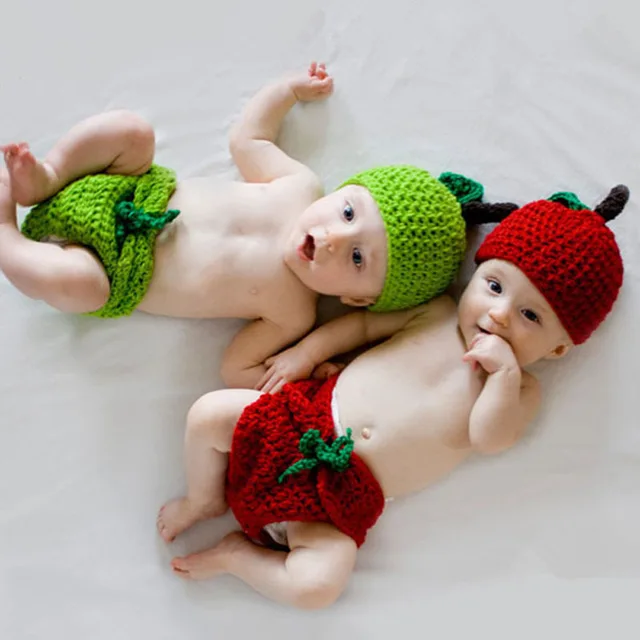 Handmade Baby Hat with Diaper Cover Set Photography Props Costume Outfit Crochet Apple Design Newborn Beanie Hat