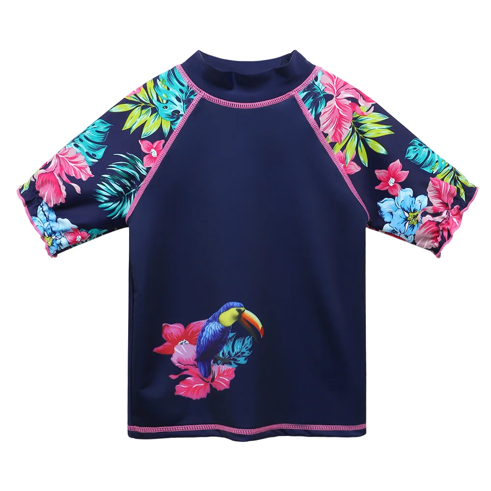 BAOHULU Navy Flower Girls Swimwear Two Pieces Short Sleeve Kids Swimsuit set for 3-10 Years Children Swimwear Beach Bathing Suit