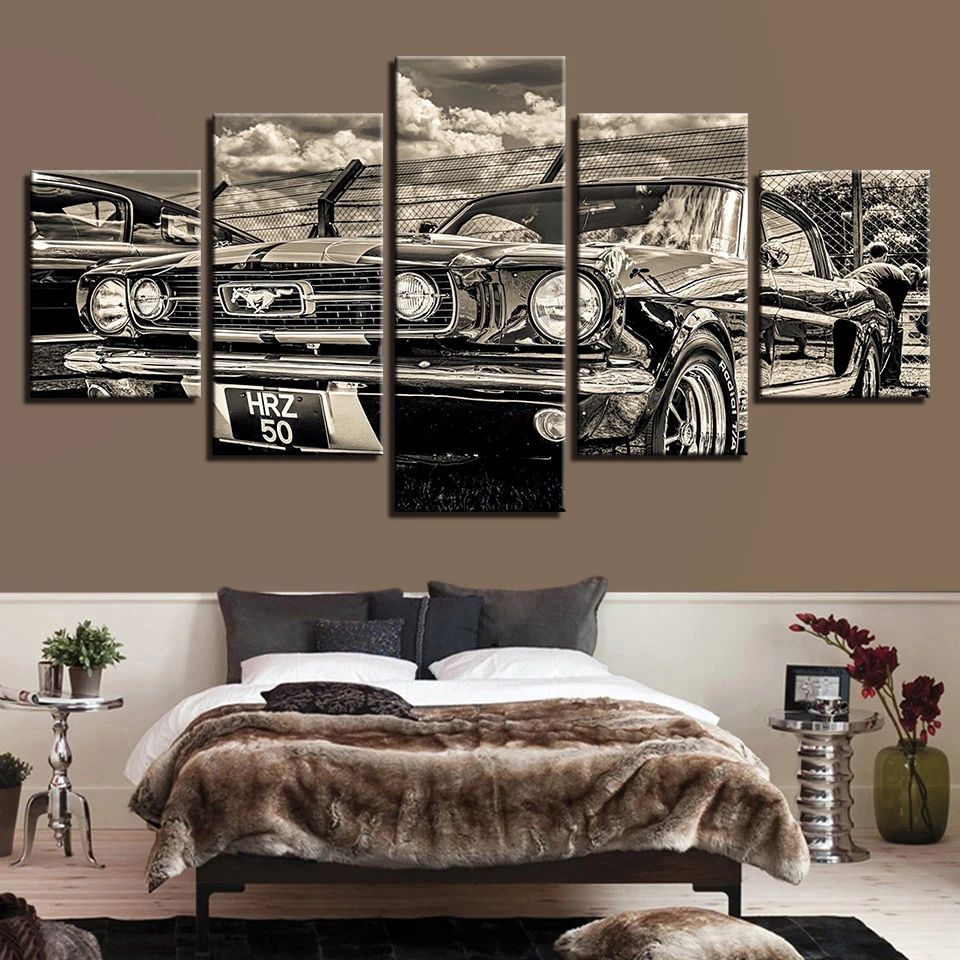 

Poster HD Printed Popular Painting Canvas Home Decor 5 Panel Mustang Car Large Wall Art Modular Pictures For Living Room