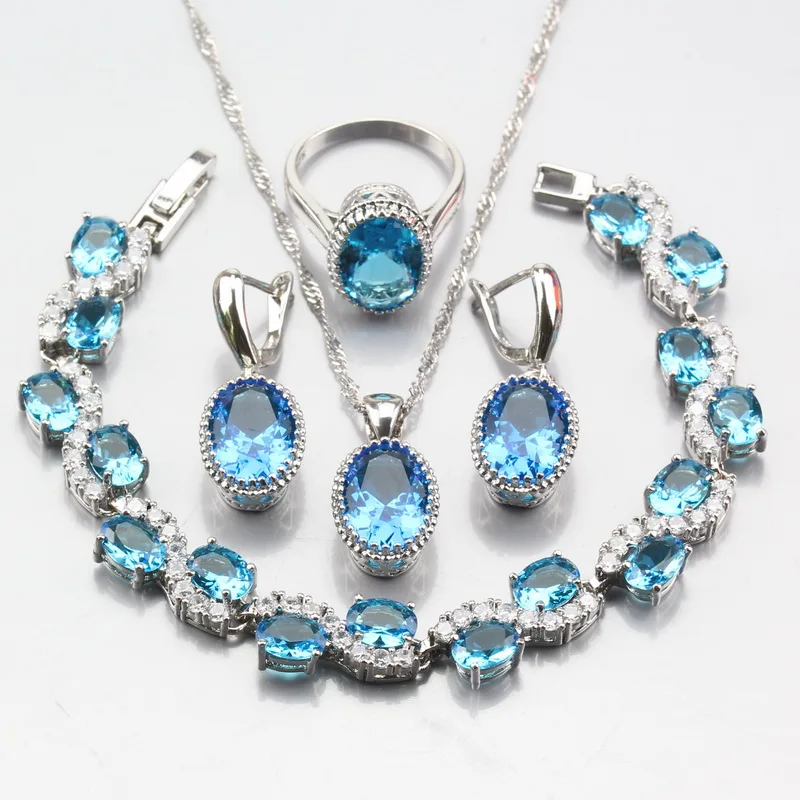 Natural Sea Blue Zircon 925 Silver Jewelry Sets For Women Christmas