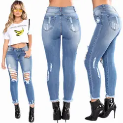 Лидер продаж Узкие рваные Высокая талия стрейч синего джинсового цвета джинсы 2018 новые осенние модные отверстия уничтожено карандаш брюки