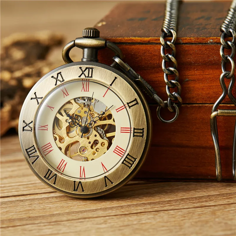 

New Retro Unique Men Pocket Watch Double Scale Transparent Mechanical Pocket Watch