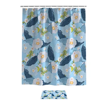 

Flower Floral Pattern Blue Spring Shower Curtain Doormat Sets 2 Piece Bathroom Set Shower Curtain Sets Waterproof Outside