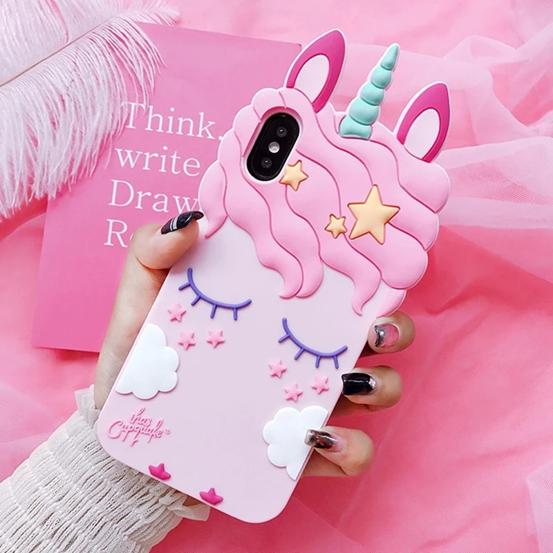 Super cute Cartoon 3D Pink Unicorn shockproof Soft Silicone Case for Iphone 7Plus 8 6S 6 plus 5G 5S SE XS Max XR X Phone | Мобильные