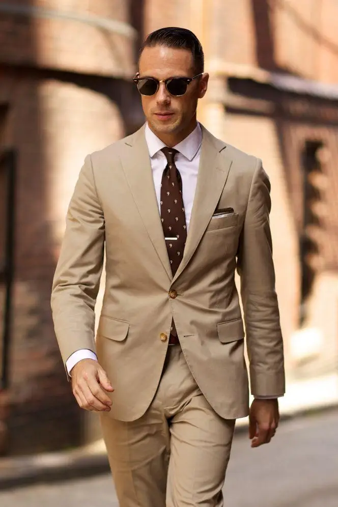 

2018 summer beige formal mens suits notched lapel Tuxedos mens Wedding Suits two Button best Grooms suit suit (Jacket+Pants)