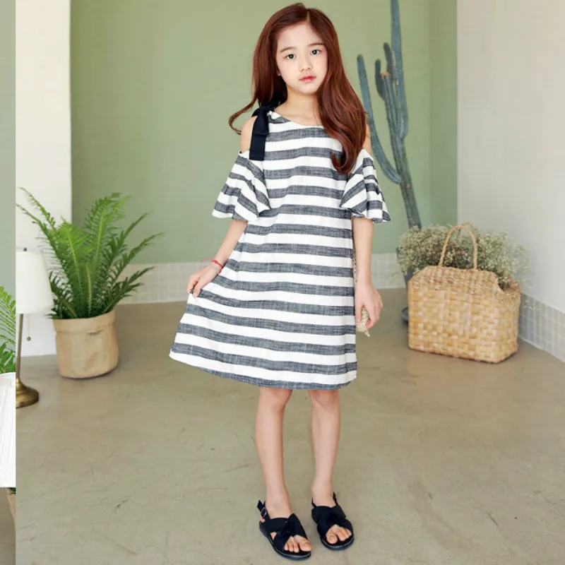 2018 Teens Bohemia Girls Dress Off Shoulder Dresses for Girl 2-13Y Striped Clothes for Teenager Linen Summer Beach Dress CC896 2018 Teens Bohemia Girls Dress Off Shoulder Dresses for Girl 2-13Y Striped Clothes for Teenager Linen Summer Beach Dress CC896
