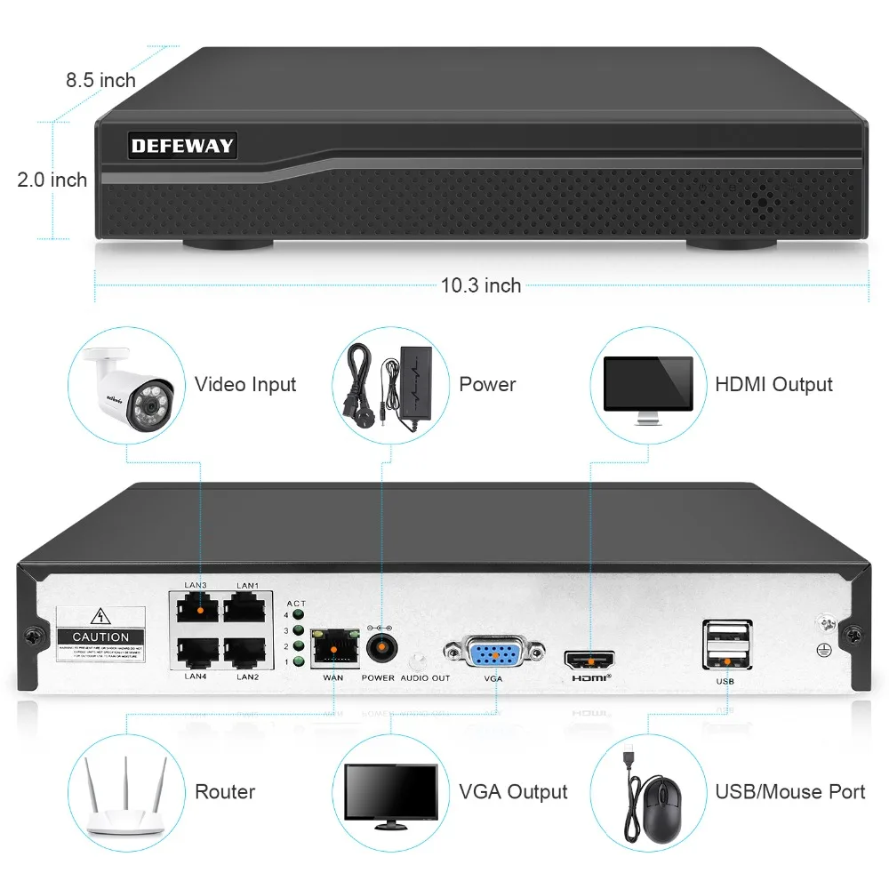 Система видеонаблюдения DEFEWAY HD 1080P NVR 4 канала POE 2 шт. 2000 ТВЛ 100 футов ночное видение