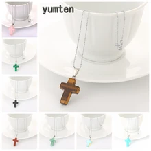 Yumten Stone Cross Pendant Necklace Tiger Eye Charms Clavicular Chain Women Choker Jewelry Men Christian Catholic Accesories yumten topaz necklace women natural stone leaf pendant men choker flower charms jewelry yoga anime vintage kolye choker korea