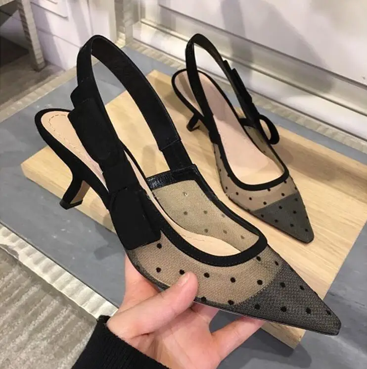 

2018 Summer new dot lace mesh shoes bow elastic band flat breathable tip women high heels sandals