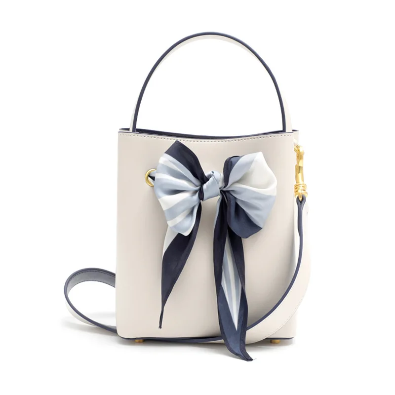 

MZORANGE Genuine Leather Handbag Bow Scarf Bucket Bag 2019 Summer New Wide Shoulder Strap Shoulder Messenger Bags