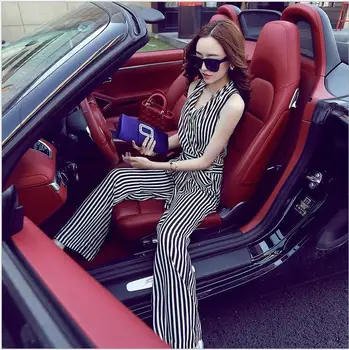 

2017 Spring And Summer Two-piece Women's Clothing V-neck Chiffon New Wide-leg Pants Suit Stripes Jumpsuit CalCas Feminina HJ103